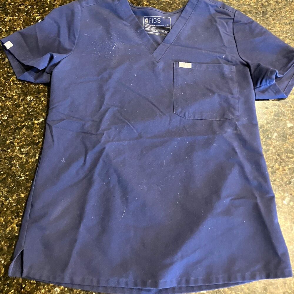 FIGS Unisex V-Neck Medical Scrub Top Solid Navy Polyester Twill Size S